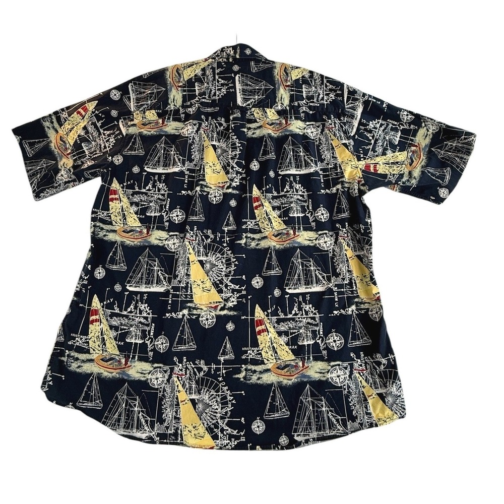 Harbor Bay Button Down Shirt 2XLT Blue Nautical Sailboat Short Sleeve Cotton